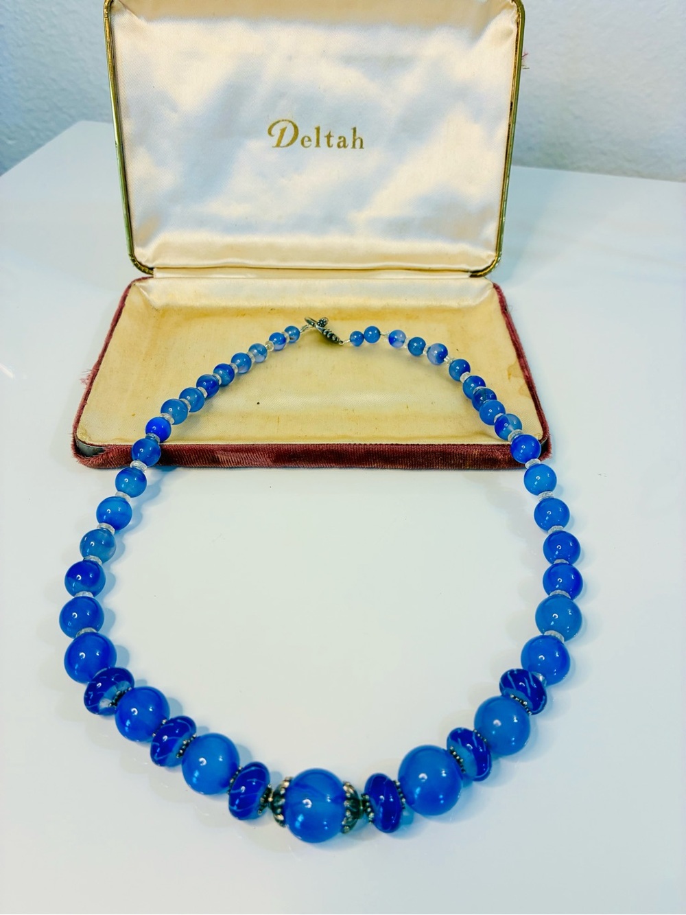 Rare VTG Deltah Blue Glass Bead Heirloom Women’s Necklace 925S Toggle Clasp EUC
